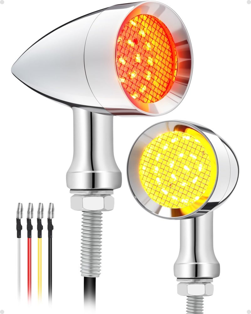 PBYMT Motorcycle Rear Turn Signals LED, 24 LEDs Bullet Blinkers Chrome Amber Lights Compatible for Harley Honda Kawasaki Suzuki Triumph Yamaha (2PCS) (Chrome/Red & Yellow) - Image 1