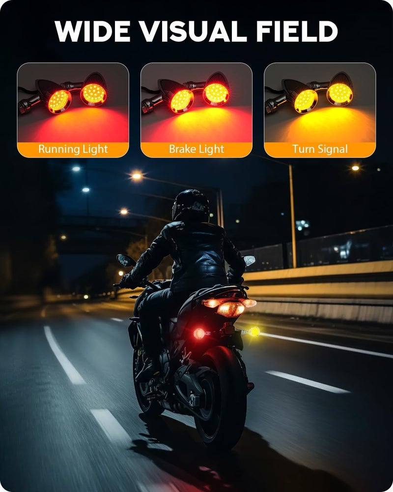 PBYMT Motorcycle Rear Turn Signals LED, 24 LEDs Bullet Blinkers Chrome Amber Lights Compatible for Harley Honda Kawasaki Suzuki Triumph Yamaha (2PCS) (Chrome/Red & Yellow) - Image 2