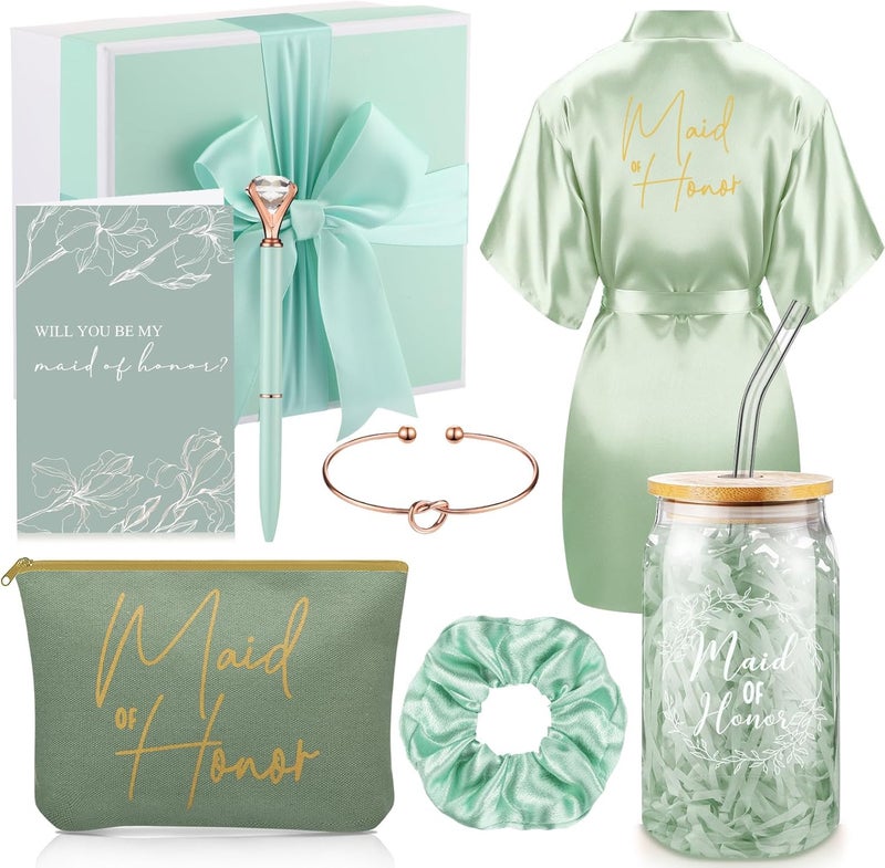 طقم هدايا اقتراح إيرينار 8 قطع رداء حقيبة مكياج كوب بطاقات رباط شعر سوار قلم ماسي صندوق هدايا وصيفة الشرف (أخضر فاتح، وصيفة الشرف)