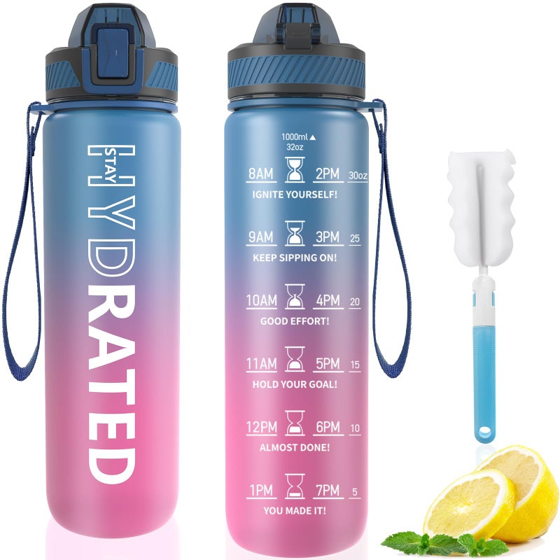QLUR Water Bottle with Straw  32 oz Motivational Water Bottles with Time Marker to Drink  Tritan BPA Free  1L Sports Water Bottle with Carry Strap LeakProof for Women Men Gym Fitness Outdoor (1 Pack)
