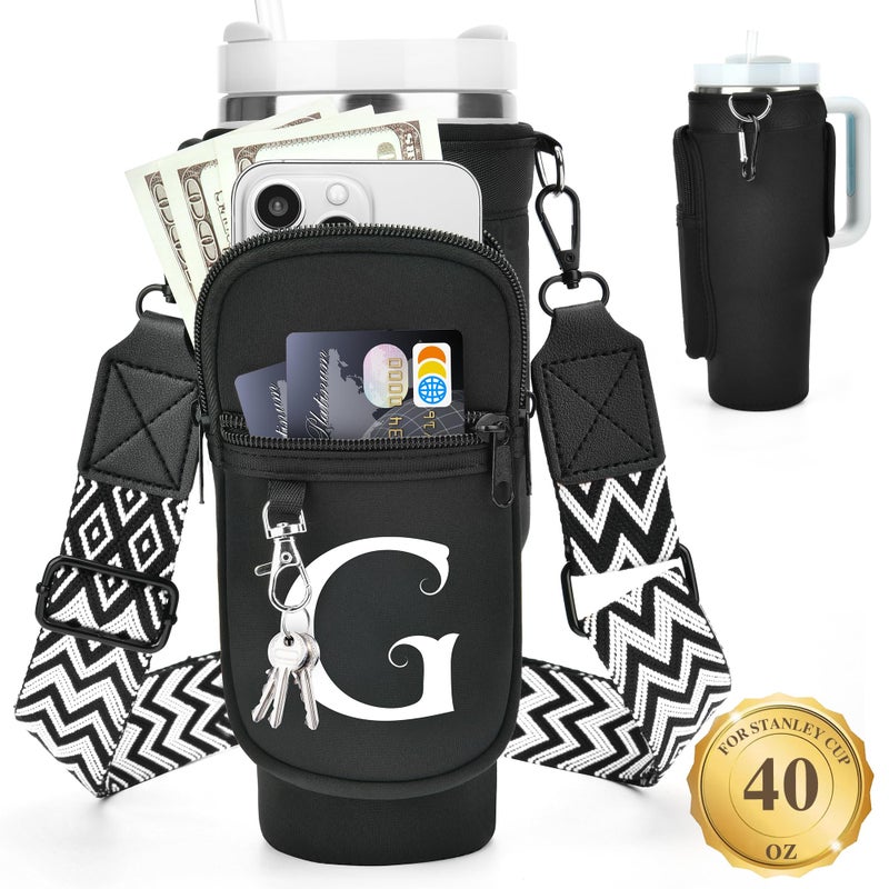 LOKASS Personalized Water Bottle Holder with Strap for Stanley Cup Accessories 40 oz Initial for Stanley Cup Holder Carrier Bag with Phone Pocket Tumbler Accessories for Daily Use HandsFreeBlack G - Image 2