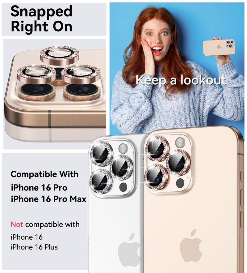 Matekxy for iPhone 16 Pro/iPhone 16 Pro Max Camera Lens Protector Glitter, Anti-Scratch Bling Ring Cover, Cute Girly Individual Tempered Glass with Metal Edging for Women, Desert Titanium Golden - Image 2