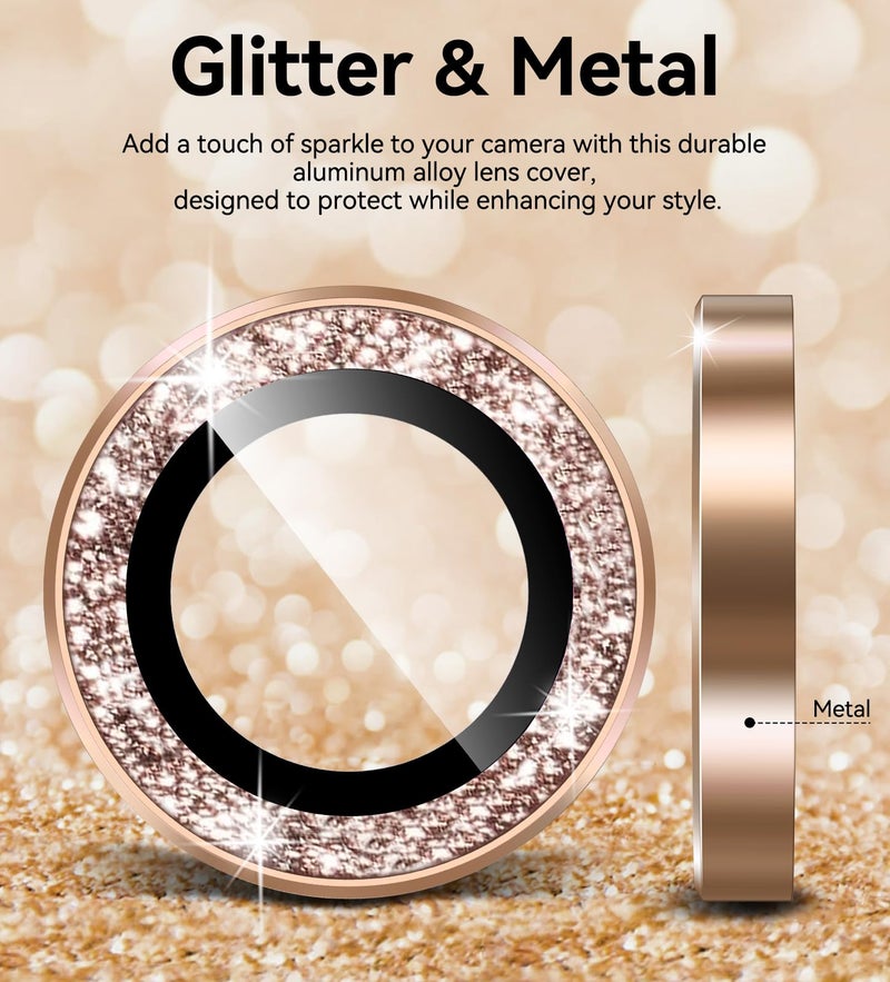 Matekxy for iPhone 16 Pro/iPhone 16 Pro Max Camera Lens Protector Glitter, Anti-Scratch Bling Ring Cover, Cute Girly Individual Tempered Glass with Metal Edging for Women, Desert Titanium Golden - Image 3
