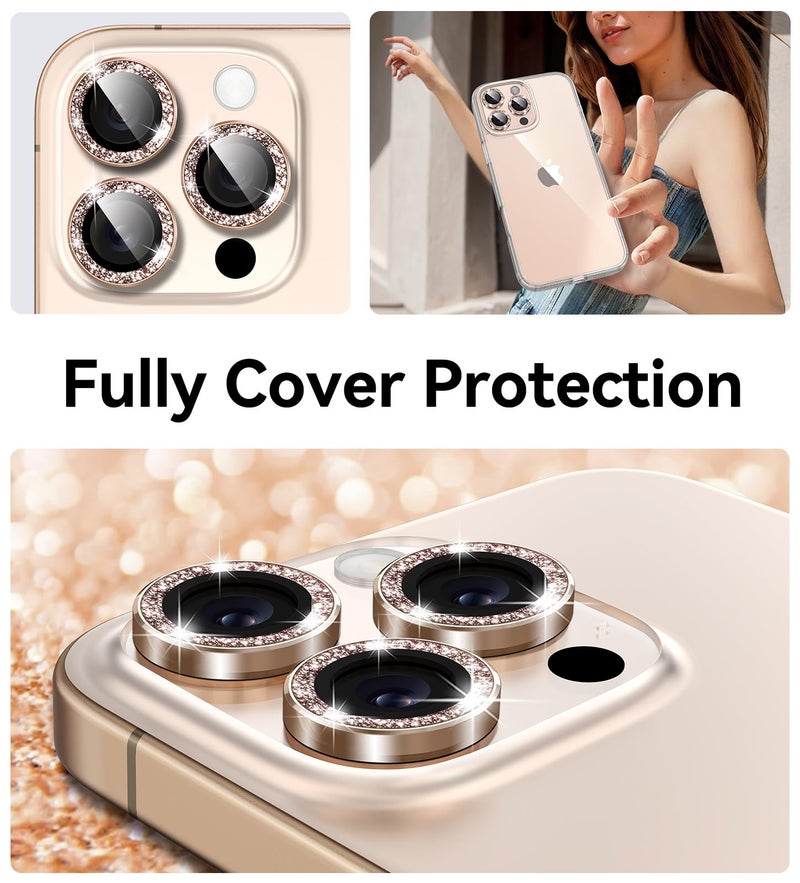 Matekxy for iPhone 16 Pro/iPhone 16 Pro Max Camera Lens Protector Glitter, Anti-Scratch Bling Ring Cover, Cute Girly Individual Tempered Glass with Metal Edging for Women, Desert Titanium Golden - Image 5