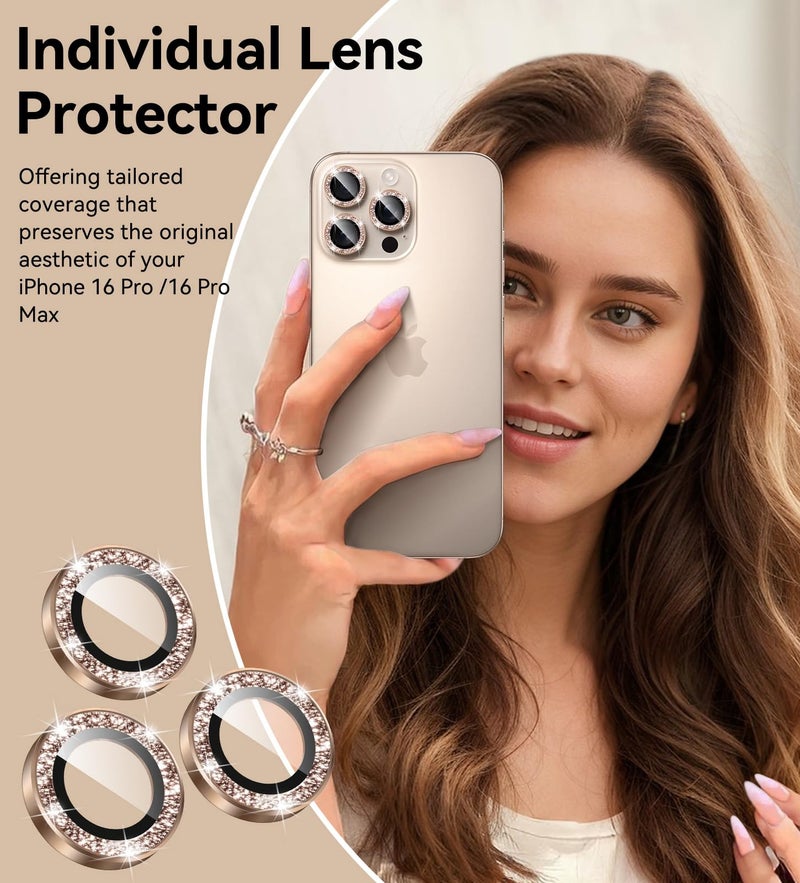 Matekxy for iPhone 16 Pro/iPhone 16 Pro Max Camera Lens Protector Glitter, Anti-Scratch Bling Ring Cover, Cute Girly Individual Tempered Glass with Metal Edging for Women, Desert Titanium Golden - Image 4
