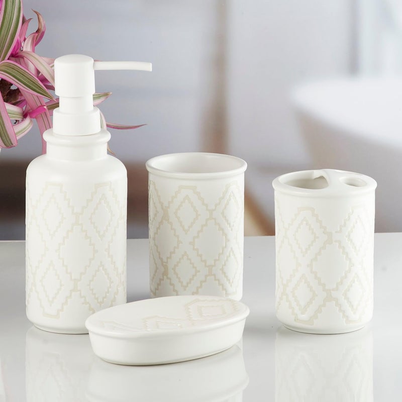 Kookee Ceramic Bathroom Set - Stylish 4 Piece Bath Accessories Kit with Soap Dispenser, Toothbrush Holder, Tumbler & Soap Dish - Modern & Designer Decor for Home & Guest Bathrooms, White (10247) - Image 1