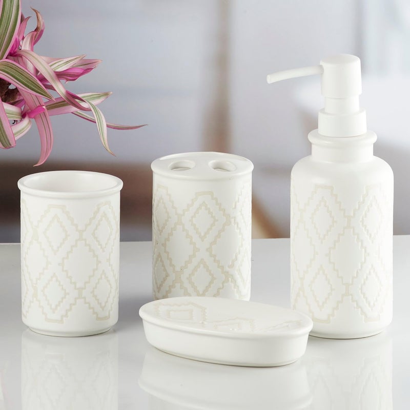 Kookee Ceramic Bathroom Set - Stylish 4 Piece Bath Accessories Kit with Soap Dispenser, Toothbrush Holder, Tumbler & Soap Dish - Modern & Designer Decor for Home & Guest Bathrooms, White (10247) - Image 3