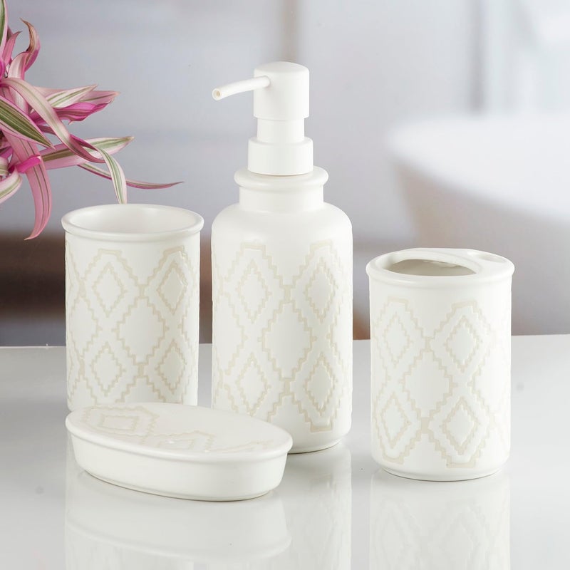 Kookee Ceramic Bathroom Set - Stylish 4 Piece Bath Accessories Kit with Soap Dispenser, Toothbrush Holder, Tumbler & Soap Dish - Modern & Designer Decor for Home & Guest Bathrooms, White (10247) - Image 2