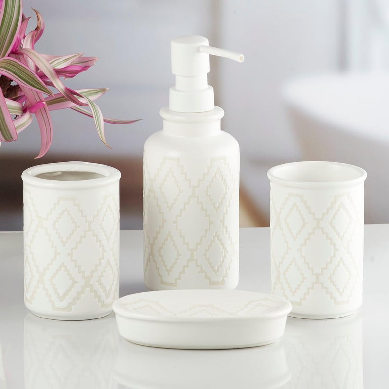 Kookee Ceramic Bathroom Set - Stylish 4 Piece Bath Accessories Kit with Soap Dispenser, Toothbrush Holder, Tumbler & Soap Dish - Modern & Designer Decor for Home & Guest Bathrooms, White (10247) - Image 4