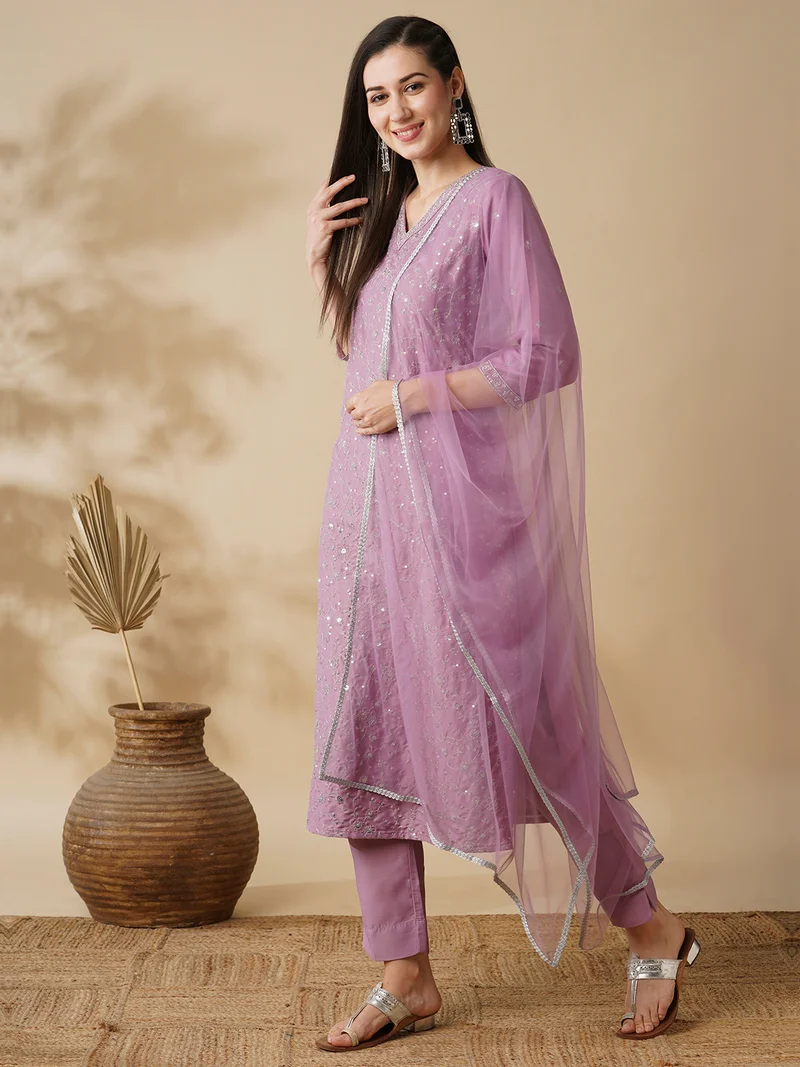 globus Women Floral Embroidered Sequinned V-Neck Straight Kurta With Trousers & Dupatta