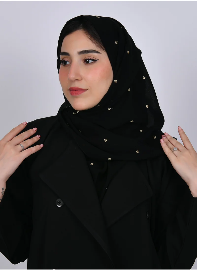 عبايات حوراء طرحه حرير بلون اسود و زهور ذهبيه صغيره متفرقة