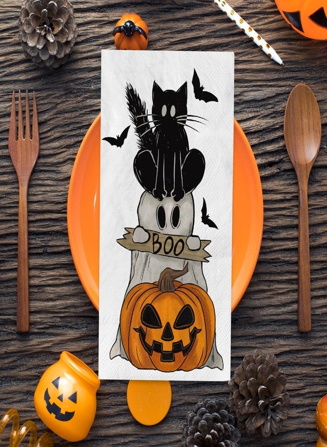 AnyDesign 80Pcs Halloween Guest Napkins Vintage Boo Ghost Black Cat Pumpkin Bat Paper Napkins Retro Holiday Dinner Hand Napkin for Home Kitchen Bathroom Party Supplies, 13 x 15.7 Inch - Image 3