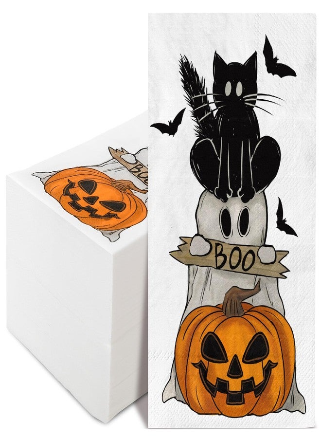 AnyDesign 80Pcs Halloween Guest Napkins Vintage Boo Ghost Black Cat Pumpkin Bat Paper Napkins Retro Holiday Dinner Hand Napkin for Home Kitchen Bathroom Party Supplies, 13 x 15.7 Inch - Image 1