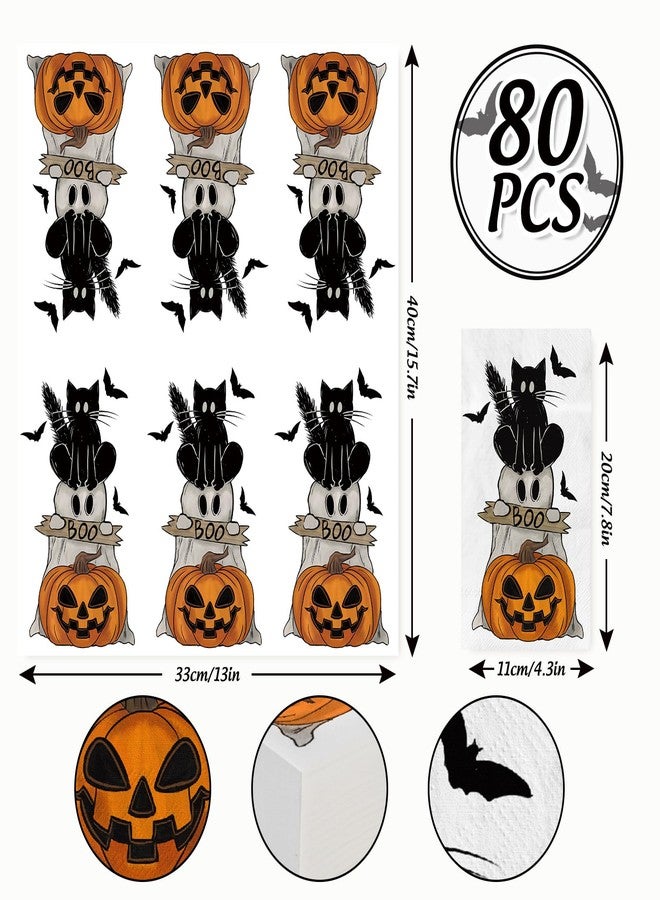 AnyDesign 80Pcs Halloween Guest Napkins Vintage Boo Ghost Black Cat Pumpkin Bat Paper Napkins Retro Holiday Dinner Hand Napkin for Home Kitchen Bathroom Party Supplies, 13 x 15.7 Inch - Image 2