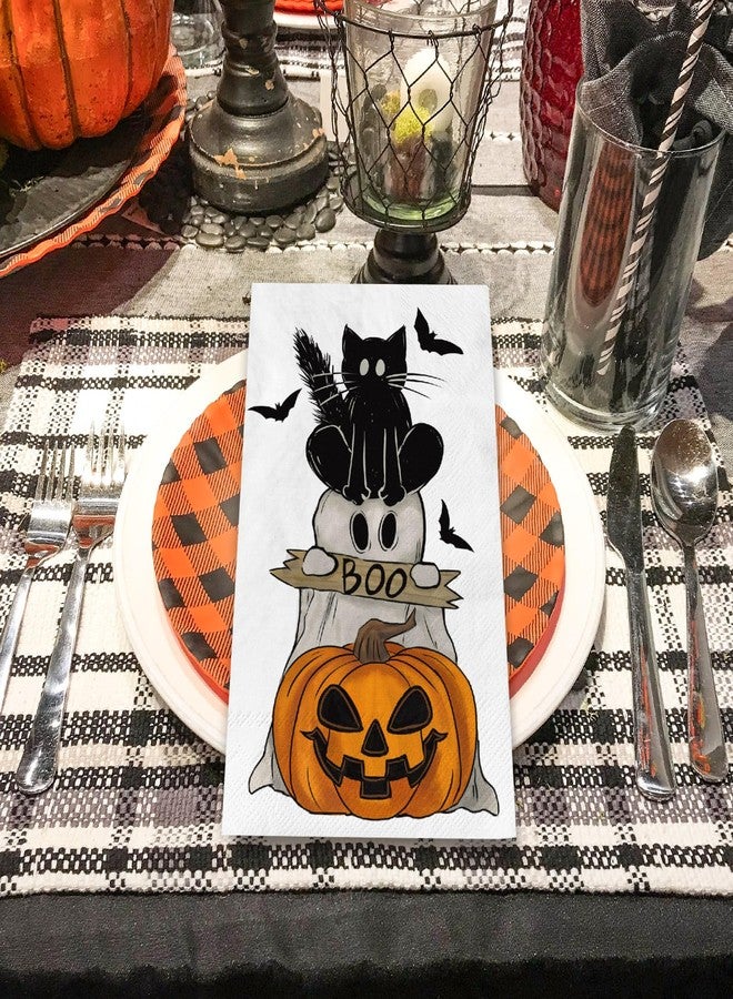 AnyDesign 80Pcs Halloween Guest Napkins Vintage Boo Ghost Black Cat Pumpkin Bat Paper Napkins Retro Holiday Dinner Hand Napkin for Home Kitchen Bathroom Party Supplies, 13 x 15.7 Inch - Image 4