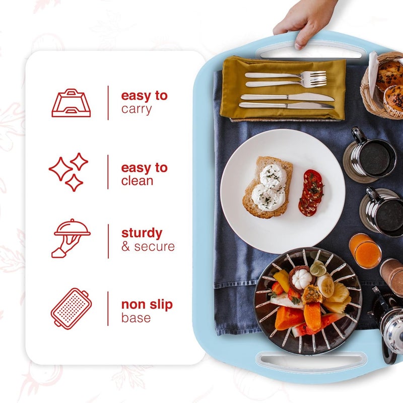Essen 2-Pack Serving Tray Set – Non-Slip Lap Boards with Grip Handles, Ideal for Food Prep, Tea, Breakfast in Bed – Plastic Tray for Stable Dining – Dishwasher Safe (Blue/White) - Image 4