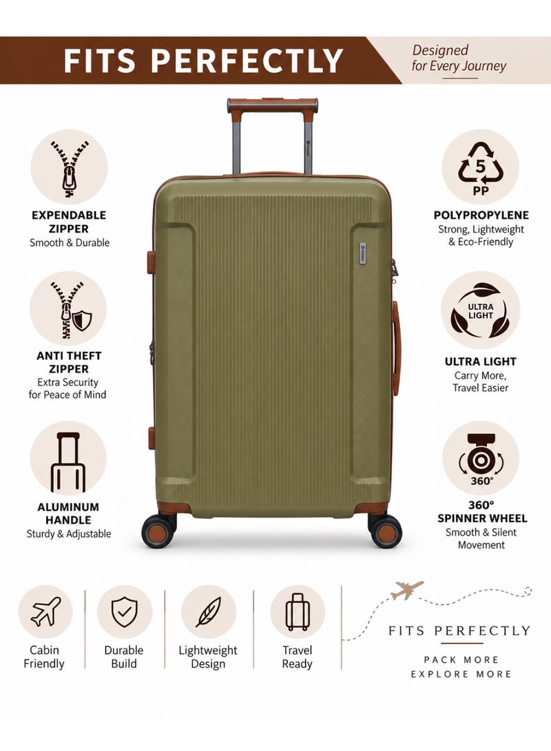 President Single-Piece PP Hardshell Luggage Set with Beauty Case, TSA Lock Travel Suitcase Set, 360° Spinner Wheels, Telescopic Handle, Large size, 9898 - Khaki - Image 5