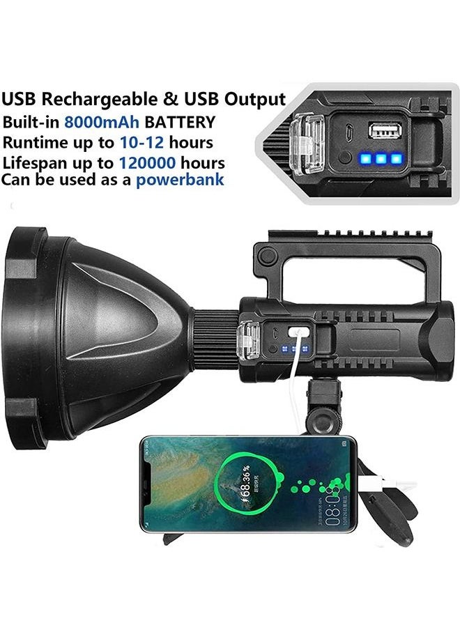 Arabest - Outdoor Spotlight, Rechargeable High Lumen Flashlight, Multiple Modes and USB Output, Waterproof Handheld LED Spotlight with Tripod, Powerful Searchlight for Camping and Other Emergency Situations Black 28x12x12 cm - Image 1