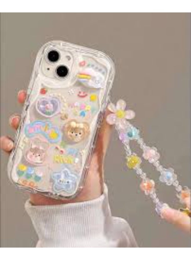 هذا المنتج عبارة عن جراب هاتف شفاف مزين برسومات كرتونية ثلاثية الأبعاد وسوار معصم مزين بالزهور متوافق مع ايفون 14