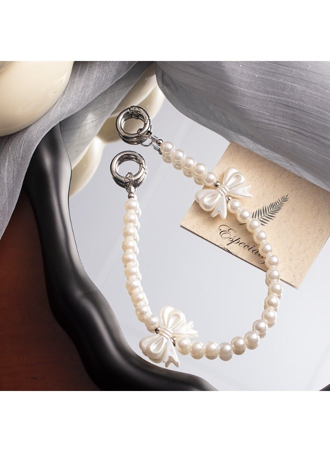 NIBEMINENT Beaded Phone Lanyard, Anti Lost Removable Wrist Strap, Weiqi Pearl Bracelet Pendant, Phone Keychain Lanyard, White 