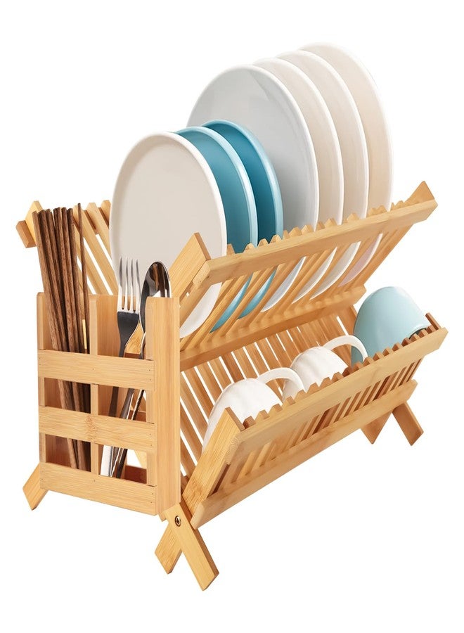 Tefola Bamboo Dish Drying Rack, 2-Tier Foldable Design with Utensil Holder, Kitchen Plate Rack Dish Drainer Rack Dish Racks for Kitchen Counter, 16.5 x 17 inches - Image 1