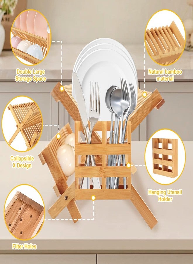 Tefola Bamboo Dish Drying Rack, 2-Tier Foldable Design with Utensil Holder, Kitchen Plate Rack Dish Drainer Rack Dish Racks for Kitchen Counter, 16.5 x 17 inches - Image 4