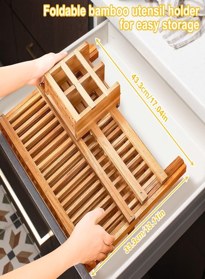 Tefola Bamboo Dish Drying Rack, 2-Tier Foldable Design with Utensil Holder, Kitchen Plate Rack Dish Drainer Rack Dish Racks for Kitchen Counter, 16.5 x 17 inches - Image 3