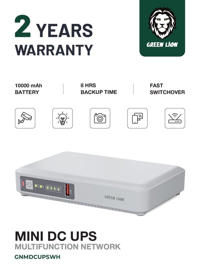 جرين ليون مصدر طاقة غير منقطع صغير يعمل بالتيار المستمر بقوة 10000 مللي أمبير/ساعة مع خاصية التبديل السريع وحماية السلامة / بطارية احتياطية بقوة 24 وات / مزود طاقة غير منقطع / مؤشرات LED / متوافق عالميًا - أبيض - Image 1