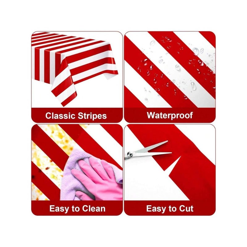 1 Pack Red And White Striped Tablecloth, 54 X 108 Inch Waterproof Disposable Plastic Table Cover, Rectangular Table Cloths For Birthday Carnival Circus Theme Party, Back To School Valentine Day - Image 3
