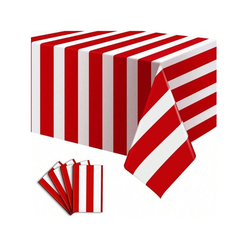 1 Pack Red And White Striped Tablecloth, 54 X 108 Inch Waterproof Disposable Plastic Table Cover, Rectangular Table Cloths For Birthday Carnival Circus Theme Party, Back To School Valentine Day - Image 1
