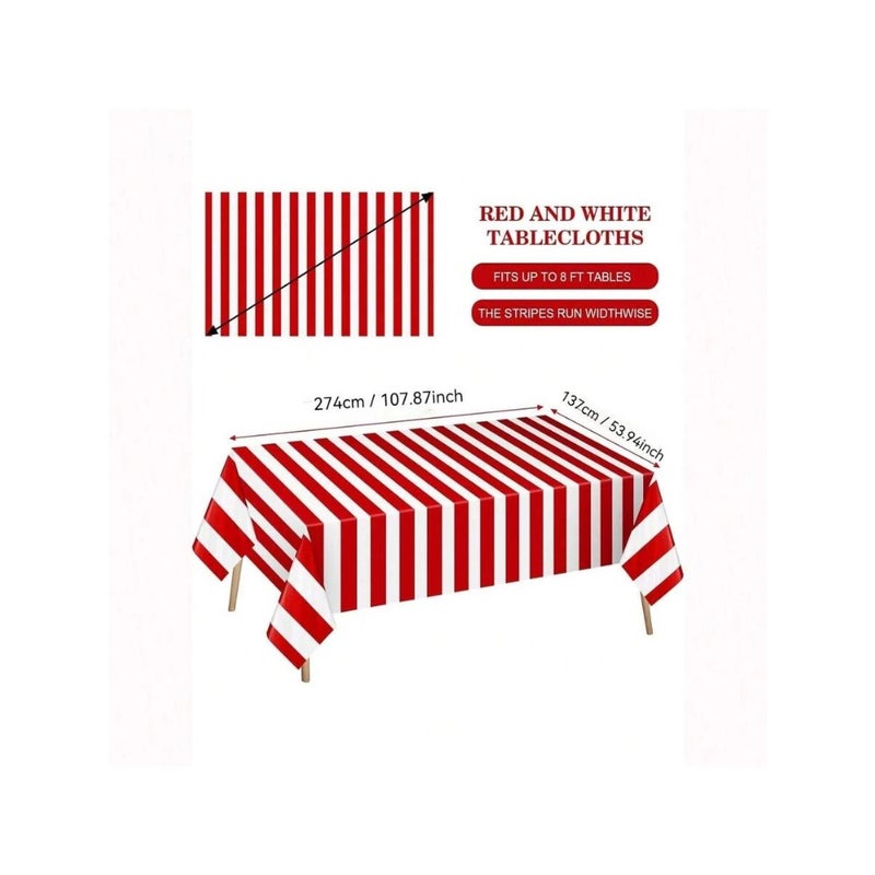 1 Pack Red And White Striped Tablecloth, 54 X 108 Inch Waterproof Disposable Plastic Table Cover, Rectangular Table Cloths For Birthday Carnival Circus Theme Party, Back To School Valentine Day - Image 2