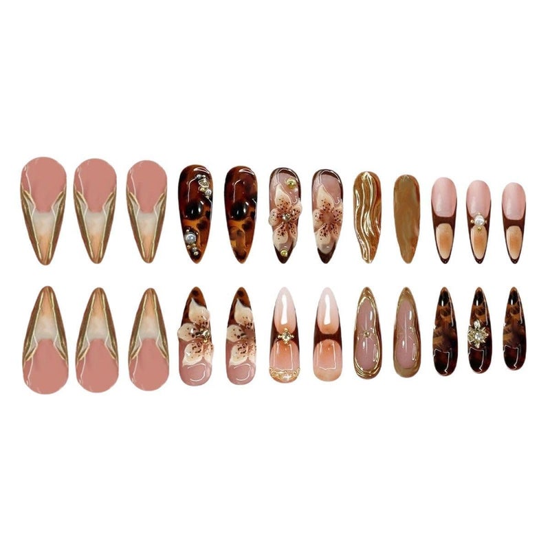 SEENEEY Long Press on Nails Almond Fake Nails Brown False Nails Flowers Artificial Nails with Gold Charm Designs Summer Handmade Nails 3D Floral Stick on Nails for Women 24pcs - Image 4