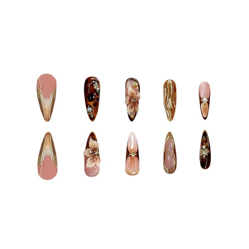 SEENEEY Long Press on Nails Almond Fake Nails Brown False Nails Flowers Artificial Nails with Gold Charm Designs Summer Handmade Nails 3D Floral Stick on Nails for Women 24pcs - Image 3