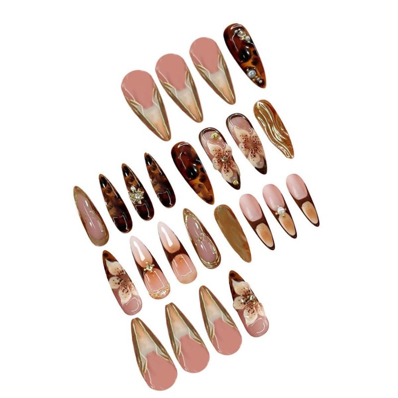 SEENEEY Long Press on Nails Almond Fake Nails Brown False Nails Flowers Artificial Nails with Gold Charm Designs Summer Handmade Nails 3D Floral Stick on Nails for Women 24pcs - Image 5