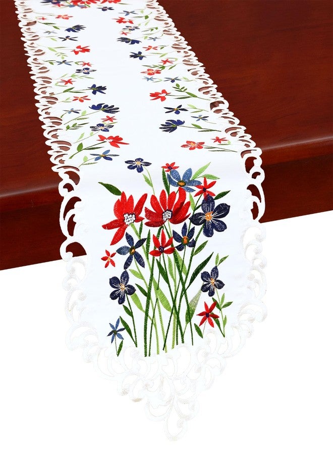 Simhomsen Small Short Embroidered Red, Blue and White July 4th Holiday Patriotic Table Runners for American Independence Day and Memorial Day (13 × 34 Inches) - Image 1