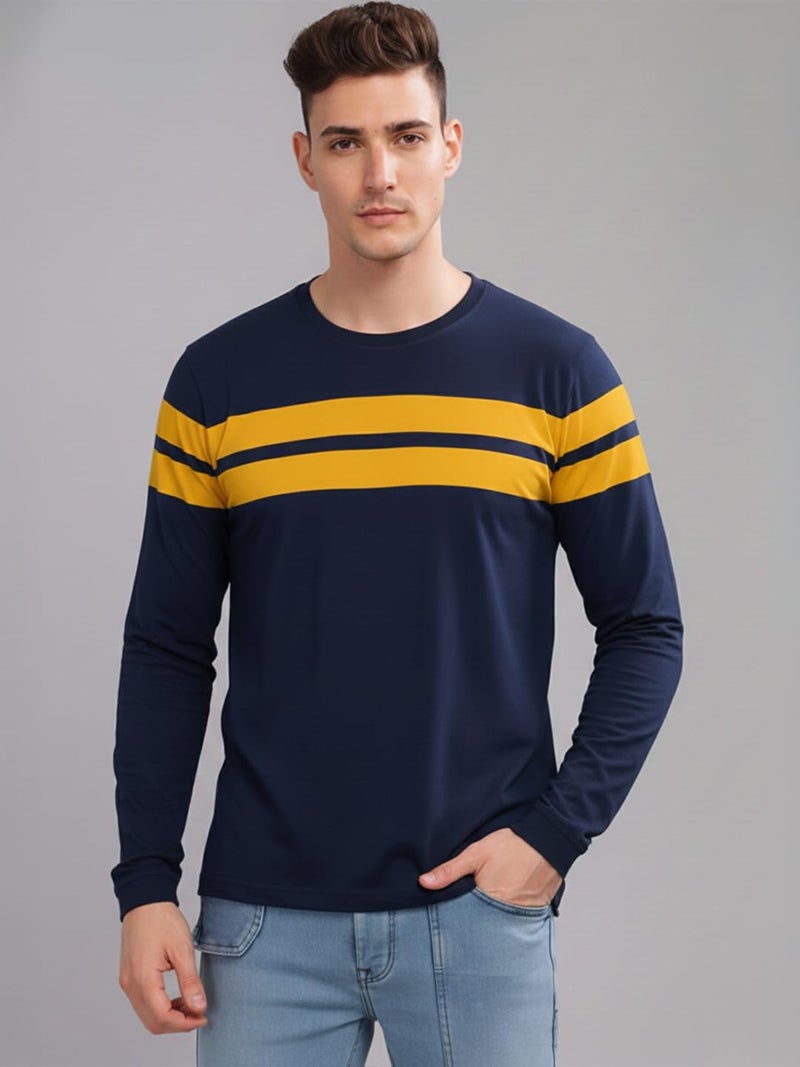 LEOTUDE Men's Regular Fit Cottonblend Full Sleeve Round Neck T-Shirt (18ALL_P_Navy_L) - Image 2