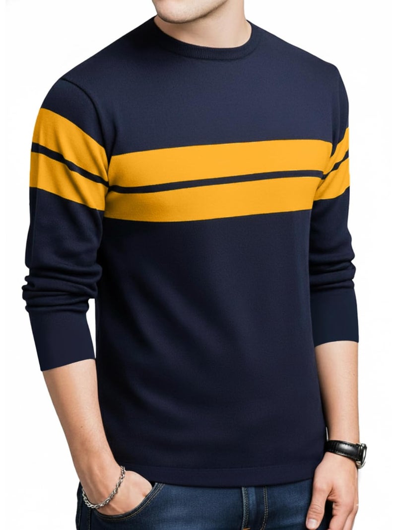 LEOTUDE Men's Regular Fit Cottonblend Full Sleeve Round Neck T-Shirt (18ALL_P_Navy_L) - Image 1
