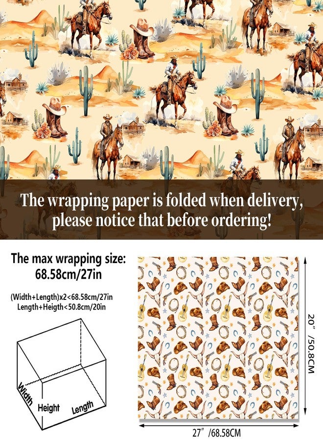 HOWAF 12 Western Wrapping Paper, Cowboy Watercolor wrapping paper Horse Gift Wrap Paper Wild West Desert Cactus Rodeo Folded Flat DIY Craft Gift for Summer Party Baby Shower Horse Racing Gift Decoration - Image 3