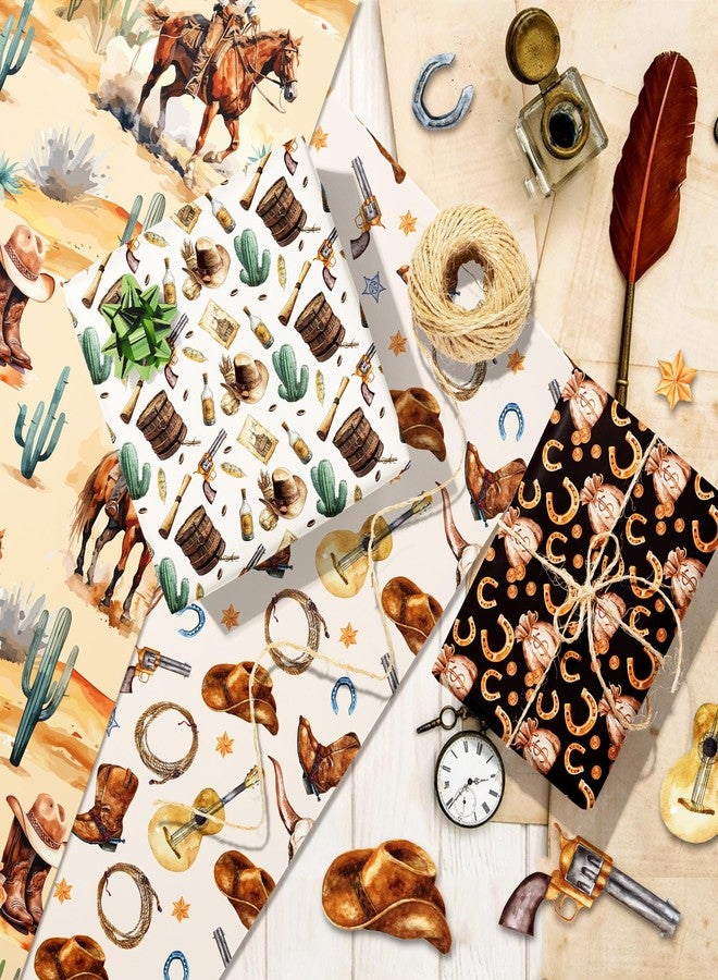 HOWAF 12 Western Wrapping Paper, Cowboy Watercolor wrapping paper Horse Gift Wrap Paper Wild West Desert Cactus Rodeo Folded Flat DIY Craft Gift for Summer Party Baby Shower Horse Racing Gift Decoration - Image 4