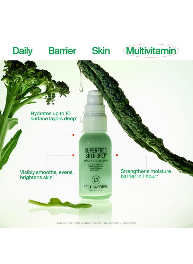 يوث تو ذا بيبول - مصل الوجه Superfood Skin Drip Smooth + Glow Barrier - مع الكرنب والببتيد والنياسيناميد والسيراميد - يقوي حاجز البشرة + يوحد لون البشرة - نباتي، خالٍ من القسوة (1 أونصة سائلة) - Image 1