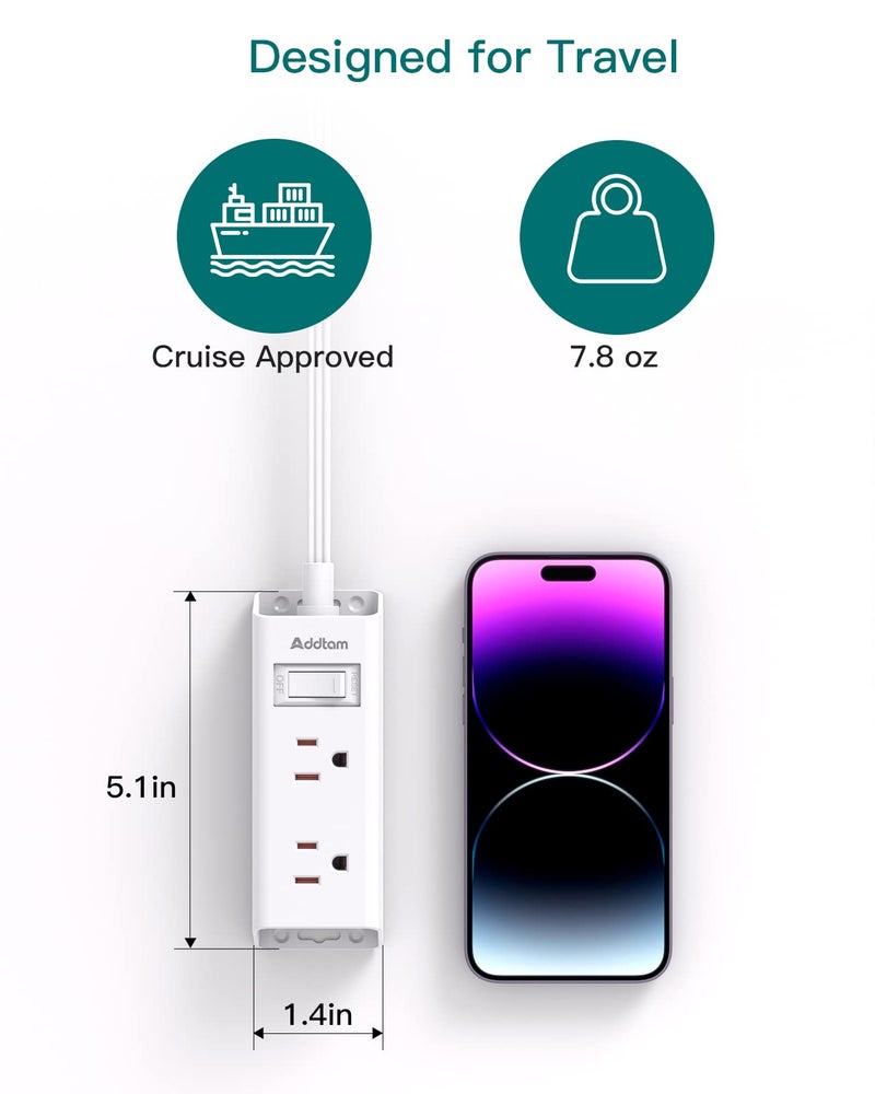 Addtam Cruise Essentials - Flat Plug Power Strip, Addtam 5 ft Ultra Flat Extension Cord with 6 Outlets Extender, No Surge Protector for Cruise Ship, Travel, Dorm, Home Office, ETL Listed - Image 4