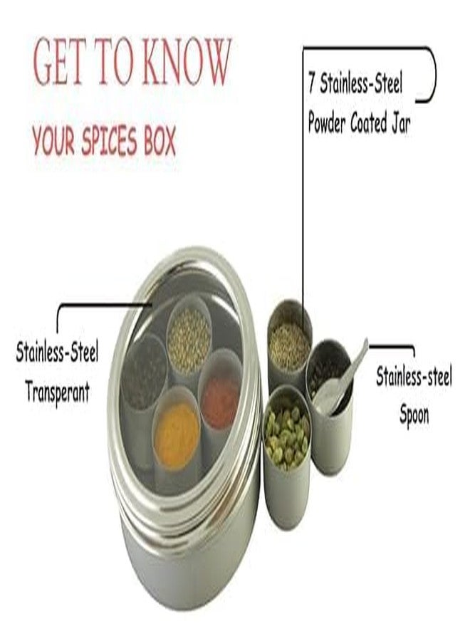 VOMI Stainless Steel Masala Container for Kitchen Storage - Spice Organizer Box/Dabba With 7 Container and Small Spoon (Grey) - Image 5