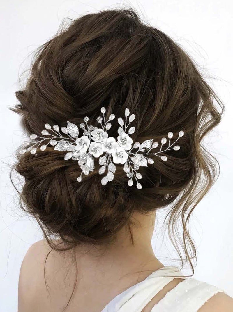 Unicra Flower Bride Wedding Hair Comb Leaf Silver Bridal Headpiece Pearl Hair Accessories Crystal Hair Piece Jewelry for Women and Girls (A Silver) - Image 2