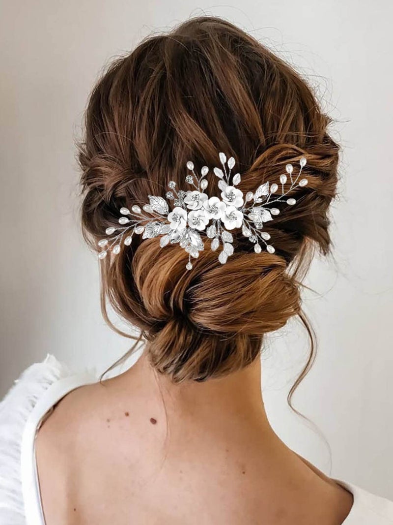 Unicra Flower Bride Wedding Hair Comb Leaf Silver Bridal Headpiece Pearl Hair Accessories Crystal Hair Piece Jewelry for Women and Girls (A Silver) - Image 4