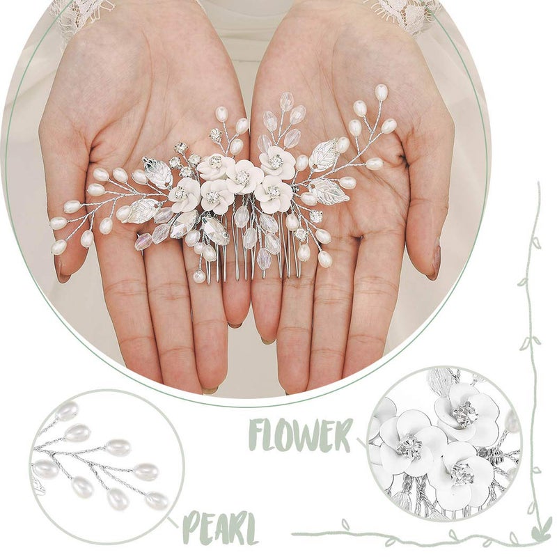 Unicra Flower Bride Wedding Hair Comb Leaf Silver Bridal Headpiece Pearl Hair Accessories Crystal Hair Piece Jewelry for Women and Girls (A Silver) - Image 5