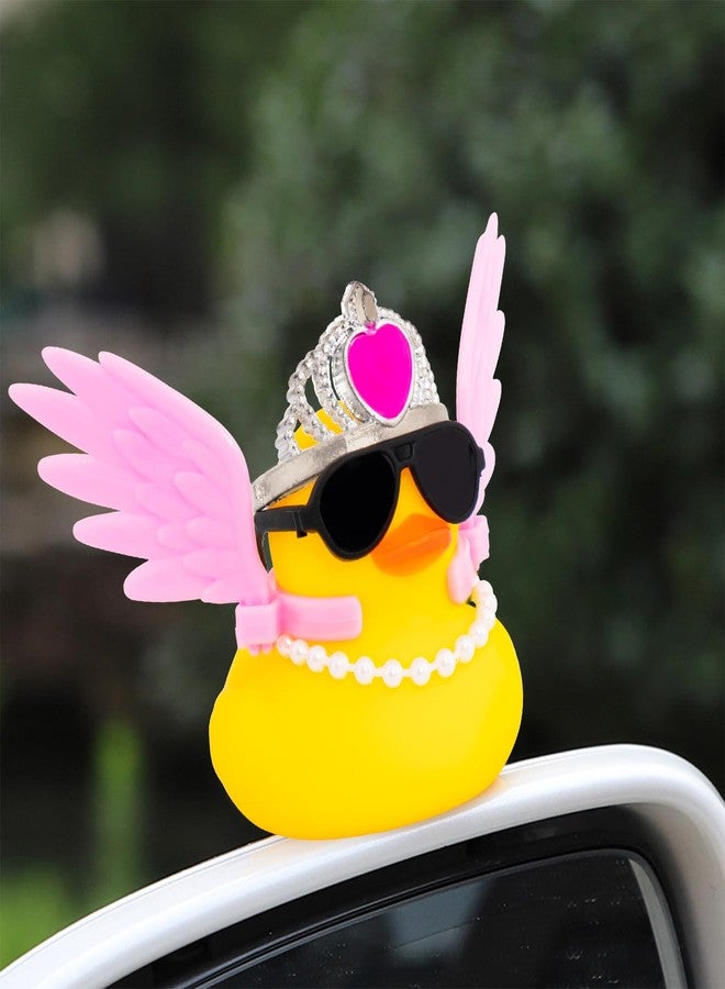 ونوو زينة لوحة القيادة للسيارة من وونو، بط مطاطي مجنح، بطة للسيارة مع نظارات شمسية، أجنحة وردية/تاج وردي/لؤلؤي - Image 3
