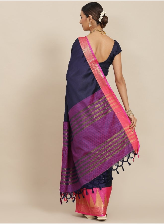 ISHIN Navy Blue Solid Zari Saree  - Image 3