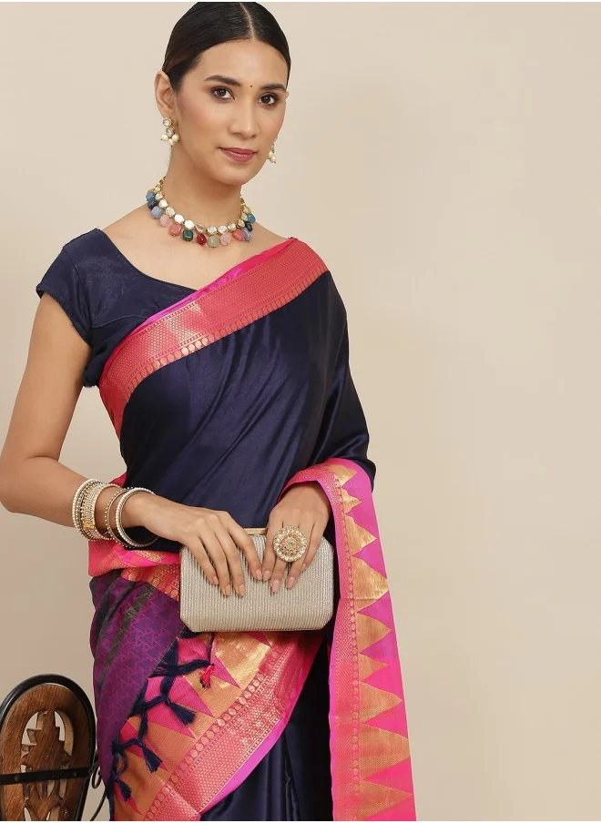 آي شين Navy Blue Solid Zari Saree