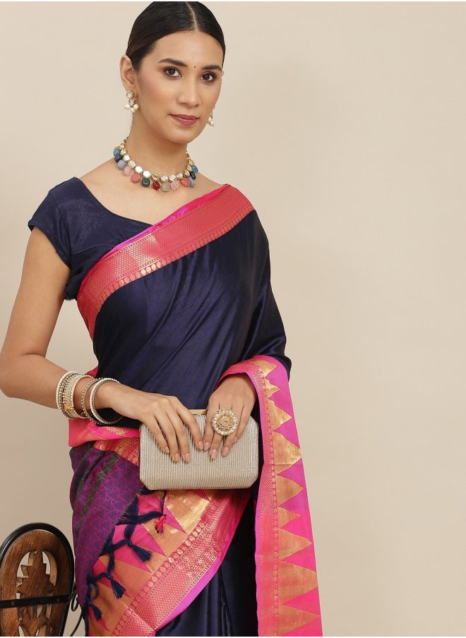 ISHIN Navy Blue Solid Zari Saree  - Image 1