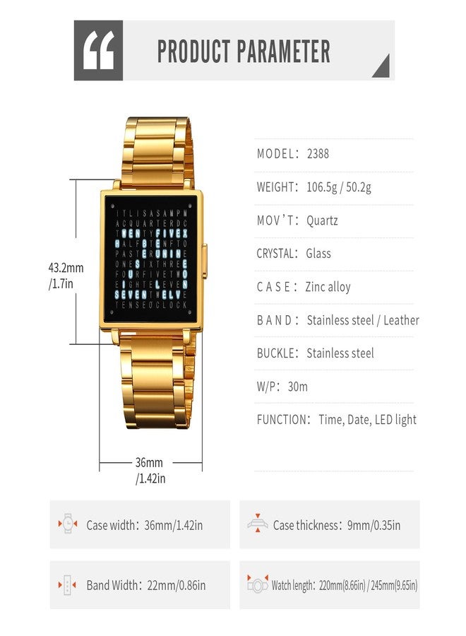 Gosasa Square Men's Luxury Watches Fashion Creative Multifunctional Waterproof Wristwatch, Stainless Steel or Gold and Silver - Toned Leather Strap Gifts for Men, B Gold, Unique, Custom Design - Image 5